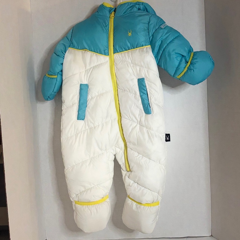 Spyder Baby Bunting Snowsuit 12M Turquoise White Yellow Quilted Puffer Hooded